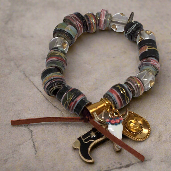 Eclectic Western Charm Mixed Media Handcrafted Stretch Bracelet - Picture 1 of 3
